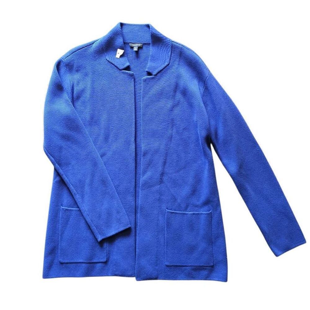 NWT Talbots Sweater Jacket Womens XS Cobalt Blue Notch Collar Open Cotton Knit - Picture 2 of 5